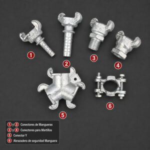 Conectores de mangueras 1 y 2, conectores para martillos 3 y 4, conector Y 5 y abrazadera de seguridad para manguera 6