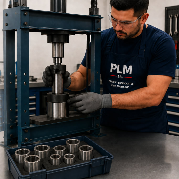 Técnico de PLM trabajando con prensa hidráulica y bushings estriados en República Dominicana